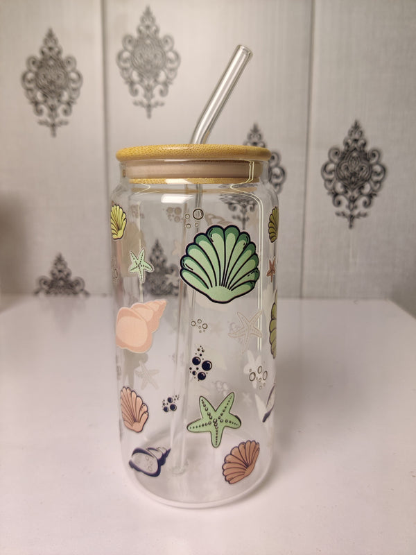 Seashells & Bubbles Glass Cup/ Tumblers / Iced Coffee Glass
