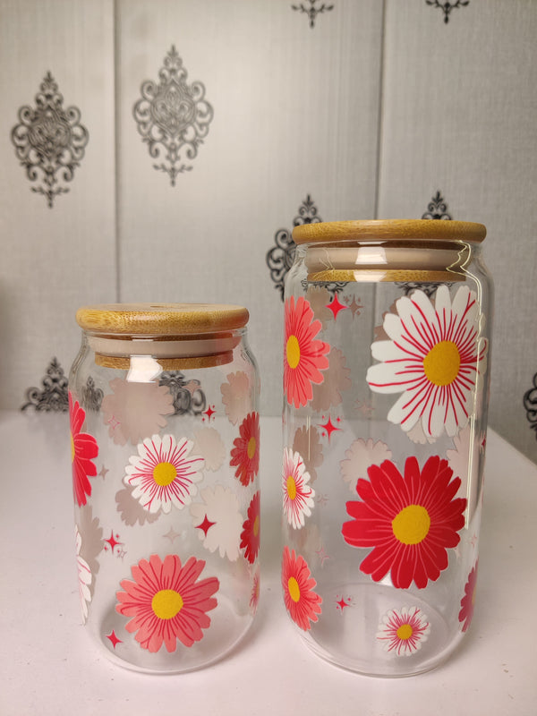 Dreamin' Pink Daisy Glass Cup/ Tumblers / Iced Coffee Glass