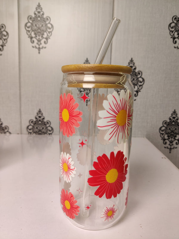 Dreamin' Pink Daisy Glass Cup/ Tumblers / Iced Coffee Glass
