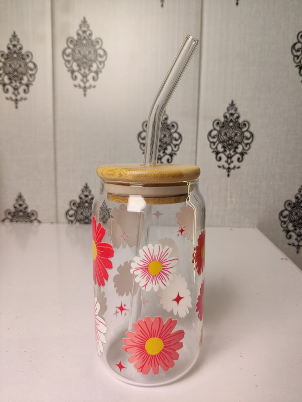 Dreamin' Pink Daisy Glass Cup/ Tumblers / Iced Coffee Glass