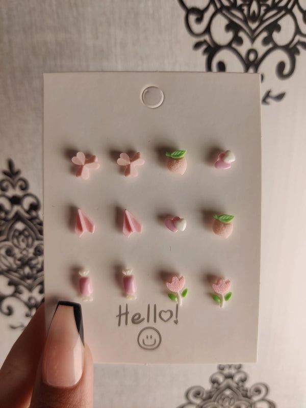 Baby Pink Mixed Mini Stud Earrings – Cute Nature-Inspired Resin Ear Studs (Set of 6)