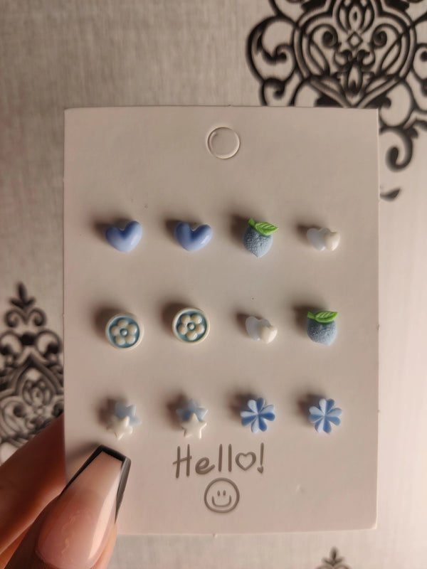 Baby Blue Mixed Mini Stud Earrings – Cute Nature-Inspired Resin Ear Studs (Set of 6)