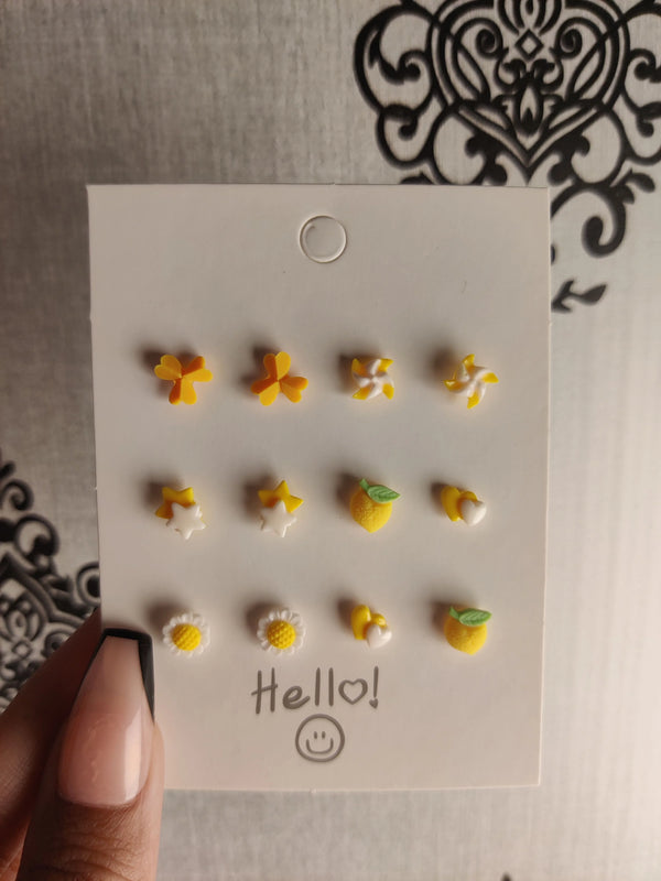 Yellow Mixed Mini Stud Earrings – Cute Nature-Inspired Resin Ear Studs (Set of 6)