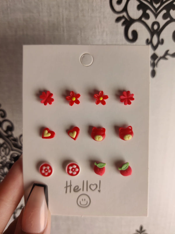 Red Mixed Mini Stud Earrings – Cute Nature-Inspired Resin Ear Studs (Set of 6)