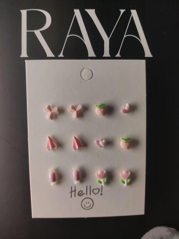 Baby Pink Mixed Mini Stud Earrings – Cute Nature-Inspired Resin Ear Studs (Set of 6)