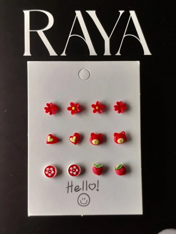 Red Mixed Mini Stud Earrings – Cute Nature-Inspired Resin Ear Studs (Set of 6)