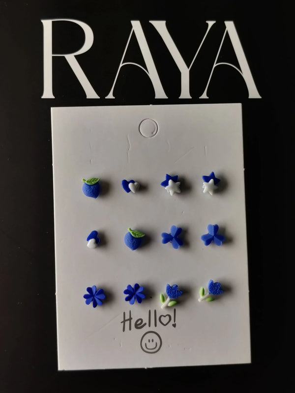 Blue Mixed Mini Stud Earrings – Cute Nature-Inspired Resin Ear Studs (Set of 6)