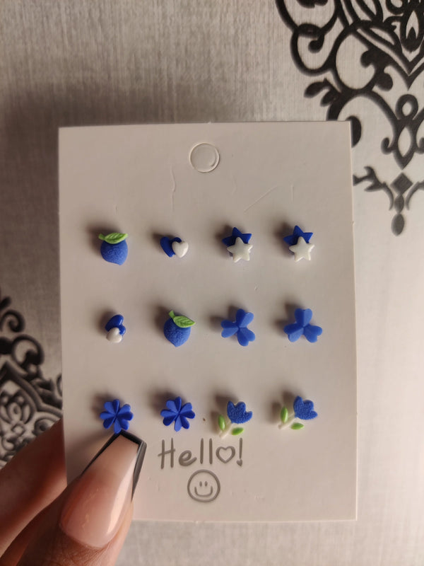Blue Mixed Mini Stud Earrings – Cute Nature-Inspired Resin Ear Studs (Set of 6)