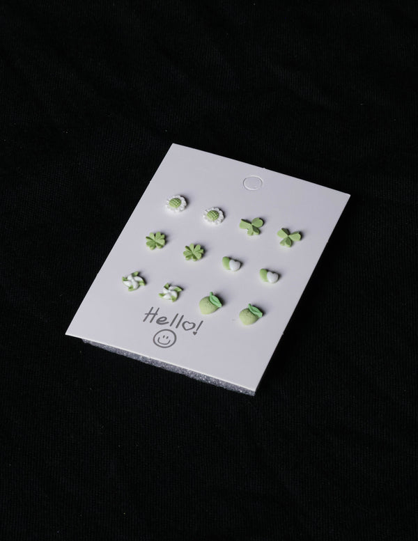 Pastel Green Mixed Mini Stud Earrings – Cute Nature-Inspired Resin Ear Studs (Set of 6)