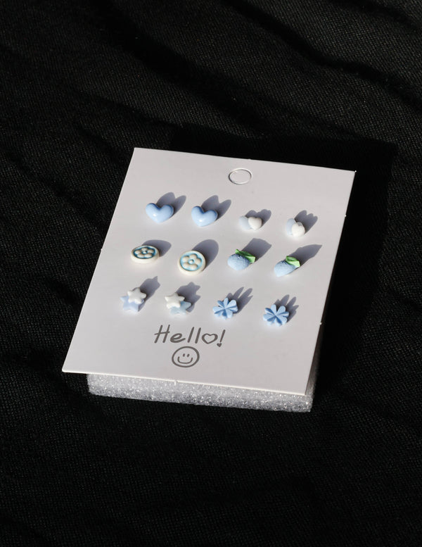 Baby Blue Mixed Mini Stud Earrings – Cute Nature-Inspired Resin Ear Studs (Set of 6)