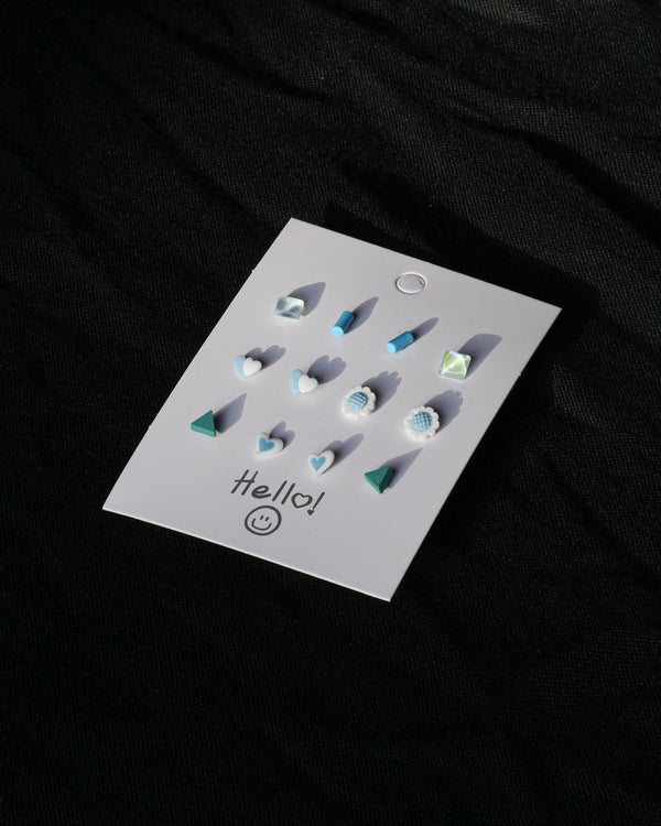 Matte Blue Mixed Mini Stud Earrings – Cute Nature-Inspired Resin Ear Studs (Set of 6)