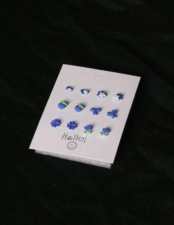 Blue Mixed Mini Stud Earrings – Cute Nature-Inspired Resin Ear Studs (Set of 6)