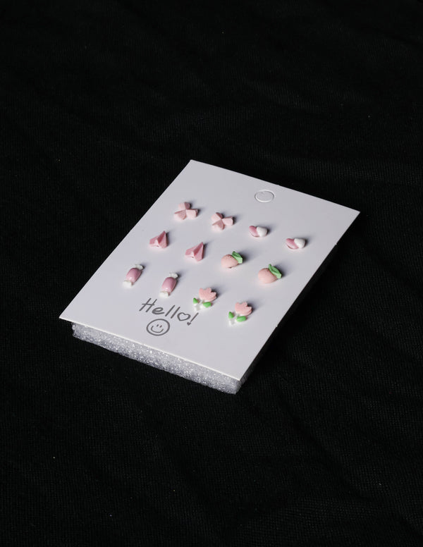 Baby Pink Mixed Mini Stud Earrings – Cute Nature-Inspired Resin Ear Studs (Set of 6)