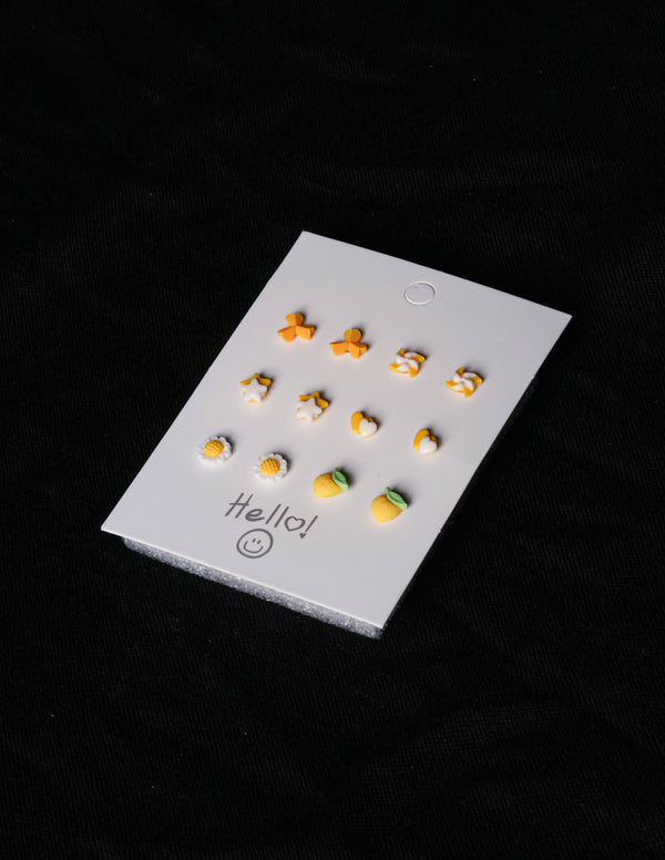 Yellow Mixed Mini Stud Earrings – Cute Nature-Inspired Resin Ear Studs (Set of 6)