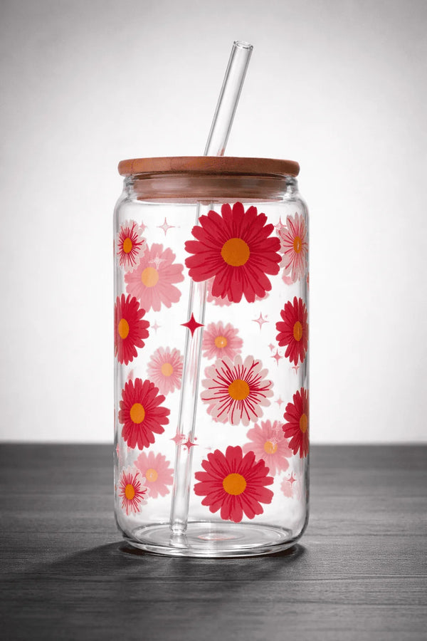 Dreamin' Pink Daisy Glass Cup/ Tumblers / Iced Coffee Glass